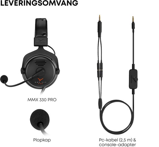 Zwarte Beyerdynamic MMX 330 PRO headset met microfoonkapje, PC-kabel en console-adapter.