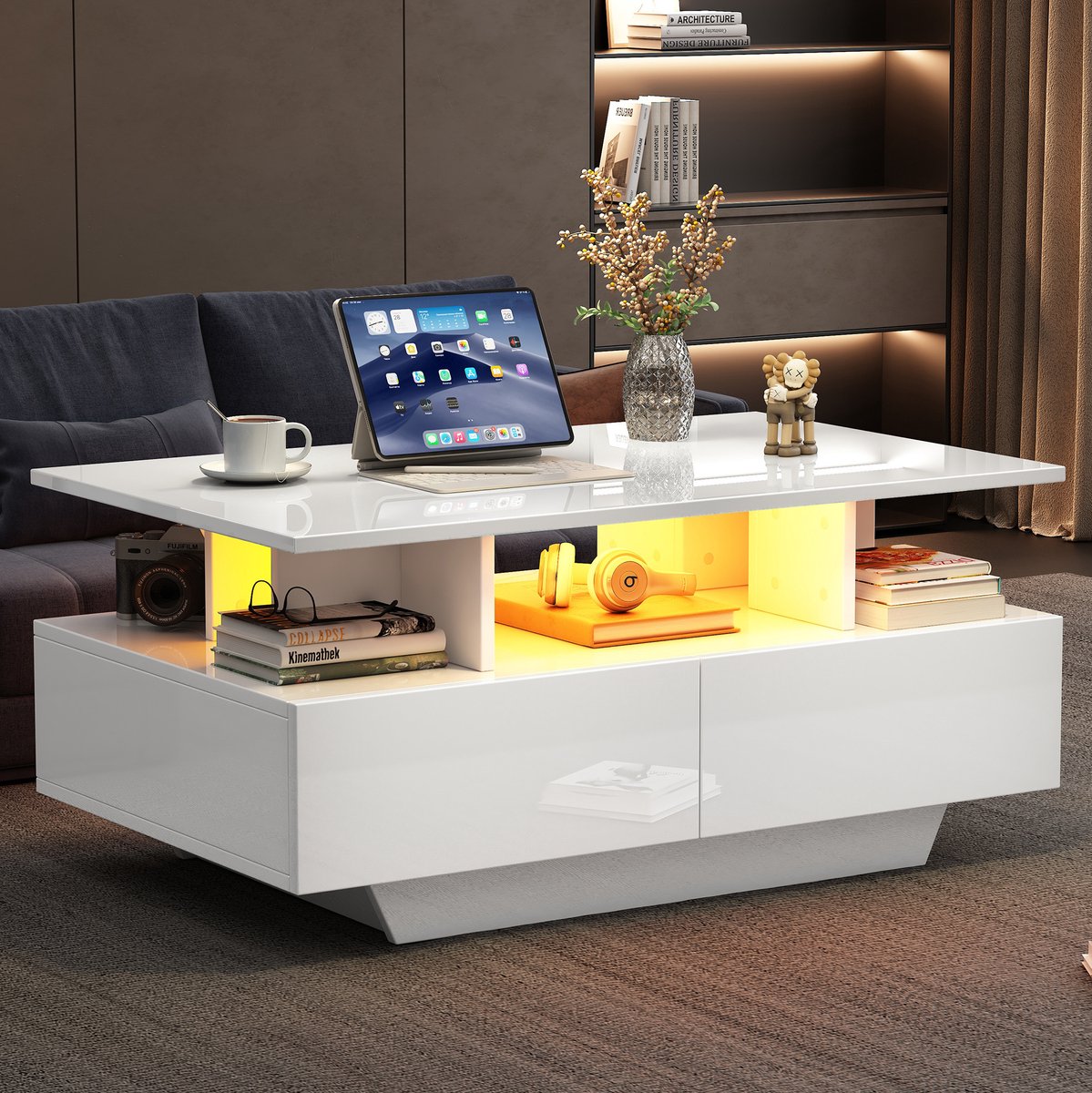 MEUNIQ Salontafel 90 x 55 x 41 cm met LED-verlichting, 2 lades en open vak – moderne hoogglans koffietafel met opbergruimte voor woonkamer – Wit