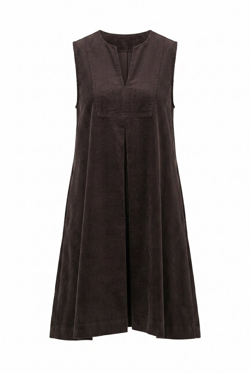 Ulla Popken Dames - Corduroy jurk A-lijn ronde hals mouwloos - Zwartbruin - Maat 42+