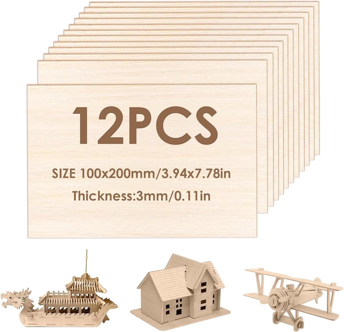12 Stuks Balsa Houten DIY Platen – Natuurlijke Houten Platen voor Modelbouw, Schilderen en Creatieve Projecten van 200x100x3mm