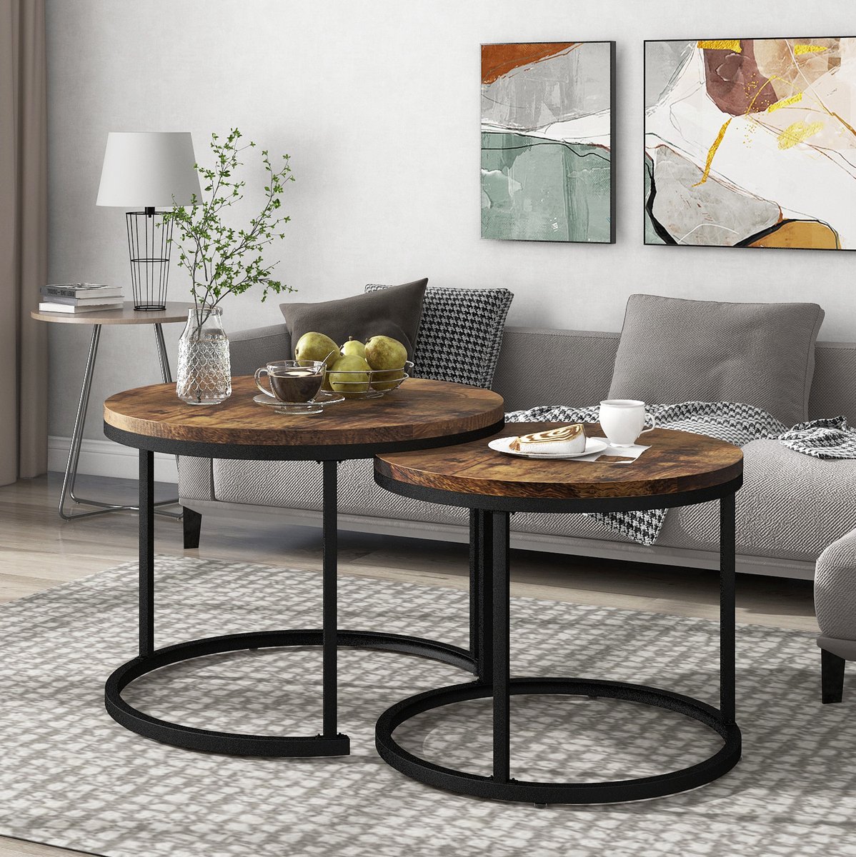 MEUNIQ Salontafel set van 2 rond Ø 70,5 en Ø 45,5 cm, nestbaar en in hoogte verstelbaar, bruin met metalen frame voor woonkamer