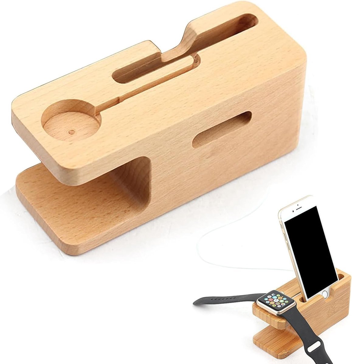 Oplaadstation van Hout voor Horloges en Mobiele Telefoons, Draagbare Oplader en Stand voor Gemakkelijk Gebruik en Organisatie