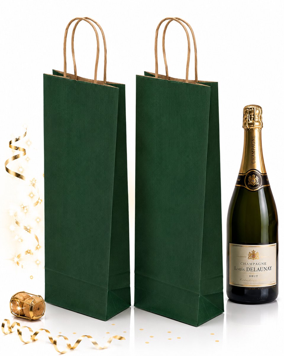 50 x Wijntas 14+8x39cm voor 1 Fles groen /Flestas papier / Cadeauverpakking /draagtas voor Fles/wijn / Fleszak · Fles zak /