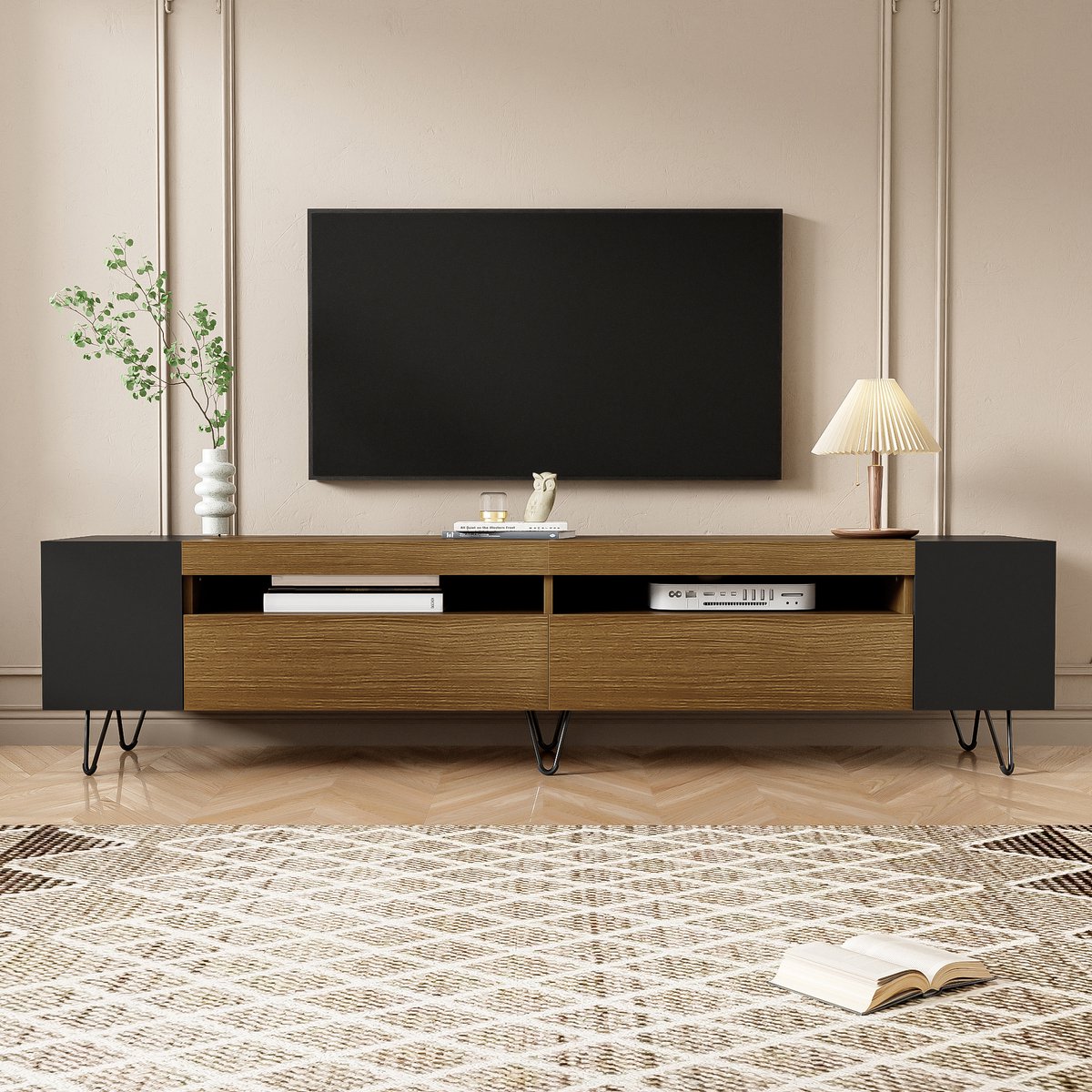 MEUNIQ TV-meubel 180 x 36 x 43 cm met 2 deuren, open vakken en kabeldoorvoeren voor media-apparatuur in de woonkamer – zwart en houtlook