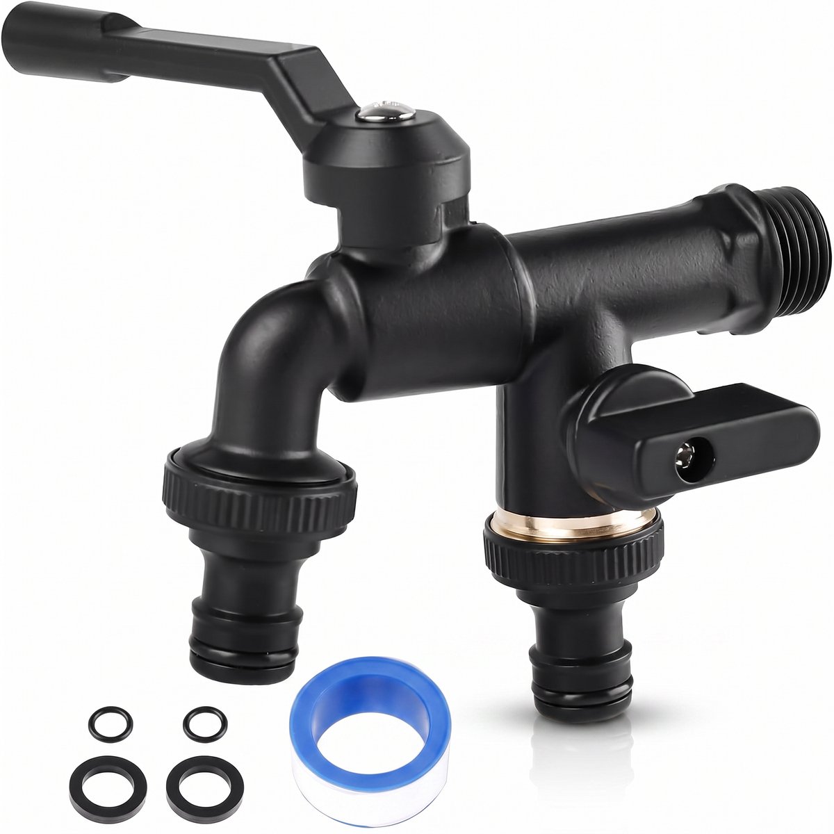 Dubbele Buitenkraan 3/4 inch - Messing Tuinkraan met 2 x 3/4 inch Uitgangen - Onafhankelijk Regelbaar - Inclusief Slangkoppelingen - Mat Zwart - Buitenkraan vorstvrij - Vorstvrije gevelkraan - Voor watertoevoer naar gazon/balkon - Dubbele Tuinkraan