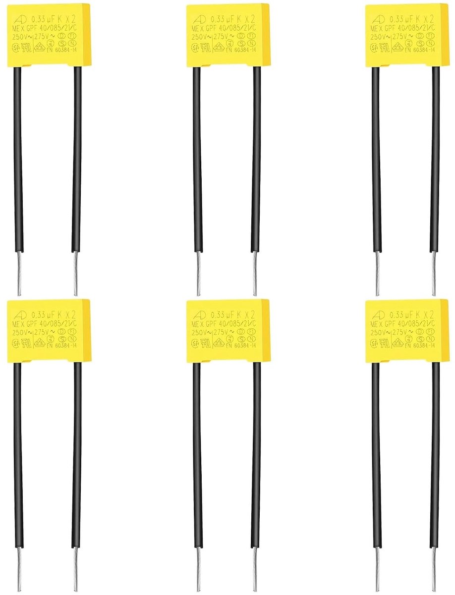 Set van 6 veiligheidscondensatoren voor LED-verlichting - 0,33 µF, 275 V, X2, ruisonderdrukking
