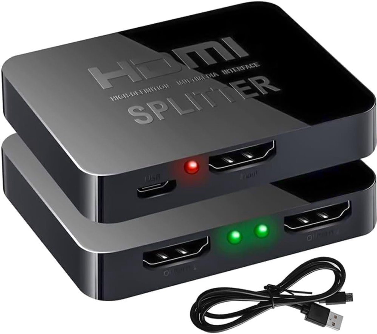 HDMI-splitter, 1-in-2, 1080p, Full HD, 3D, 4K, micro-USB-voeding, Geschikt voor MacBook, Xbox, PS4, PS3, Blu-ray-speler, DVD, HDTV