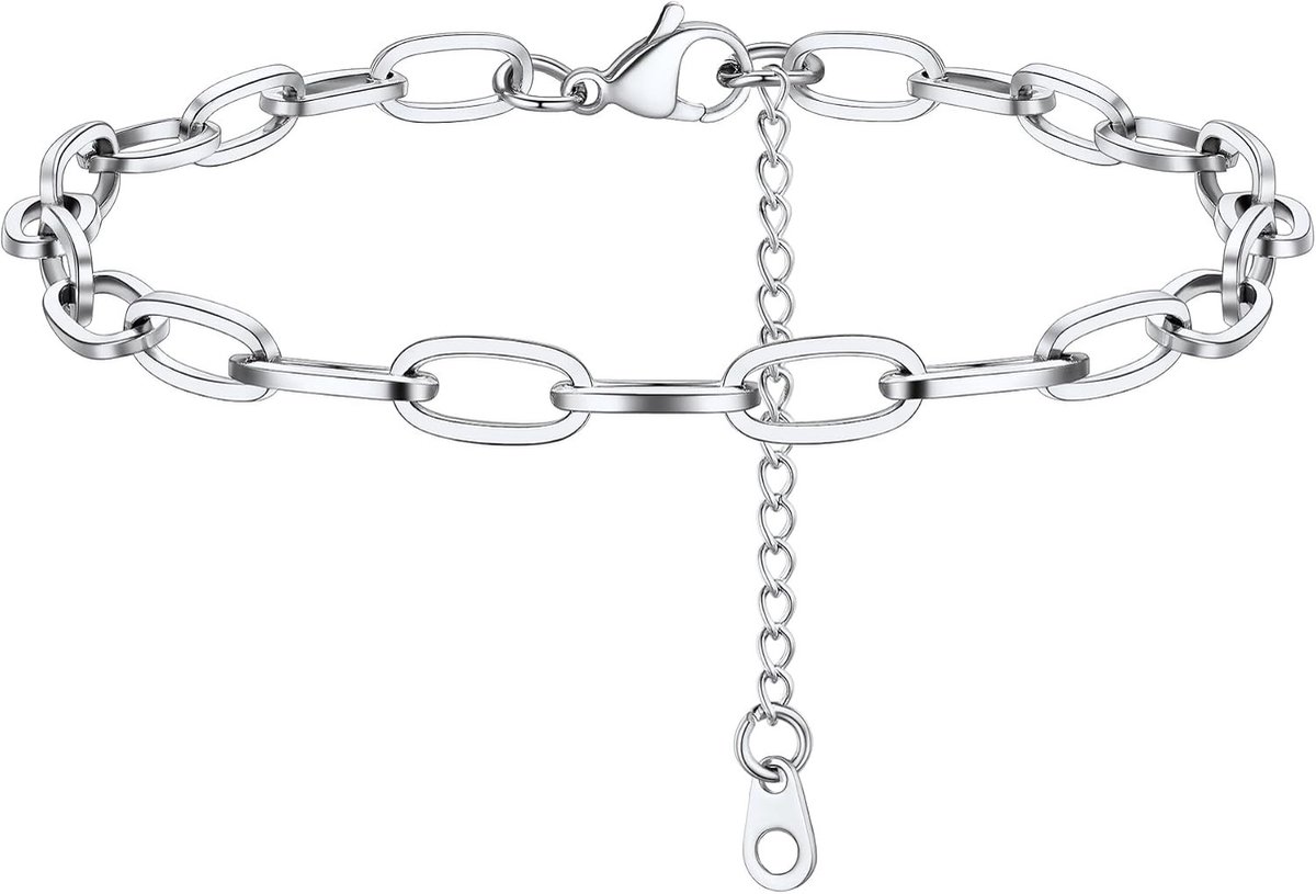 Dames Enkelband van RVS, 6 mm Paper Clip, 22 cm Lang, Zilveren Zomer Enkelband voor Vrouwen en Meisjes