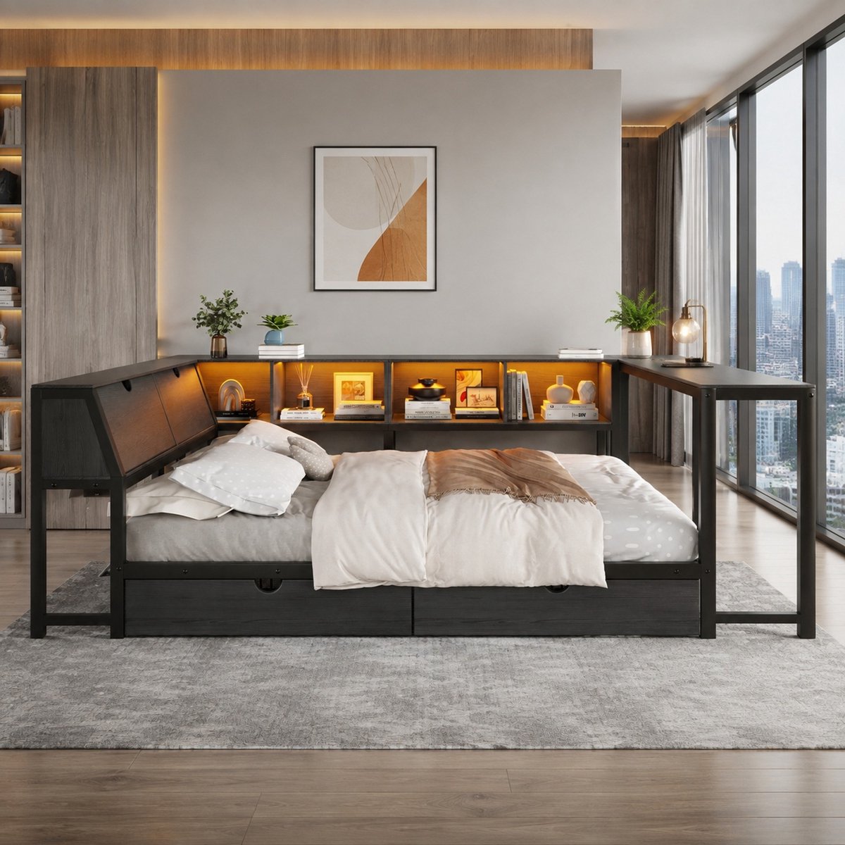 Bed – LED-Verlichting – 140x200 cm – MDF en Metaal – Zwart – Opberghoofdbord, Bureau en Twee Schuifladen