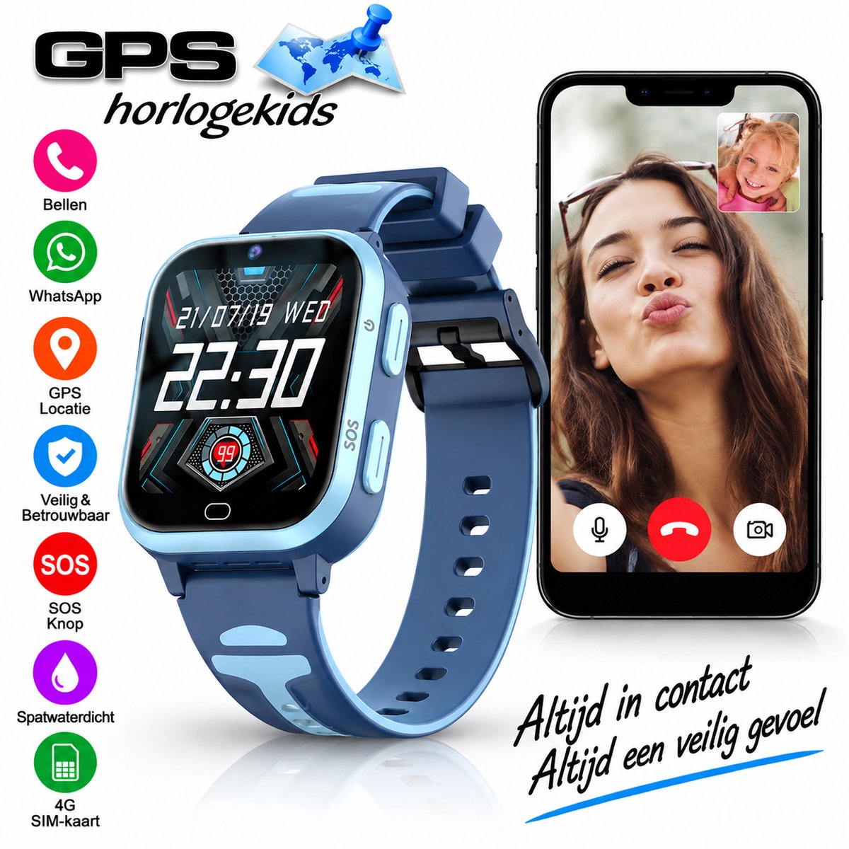 Bol.com GPSHorlogeKids© - GPS horloge kind - smartwatch kinderen - WhatsApp - 4G videobellen - spatwaterdicht - SOS alarm - SMS ... aanbieding