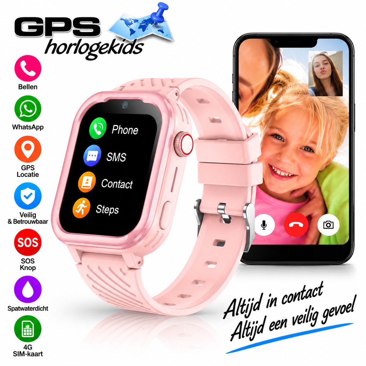 Bol.com GPSHorlogeKids© - GPS horloge kind - smartwatch kinderen - WhatsApp - 4G videobellen - spatwaterdicht - SOS alarm - SMS ... aanbieding