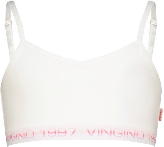 Witte top met logo band, VINGINO 1997 in roze letters.