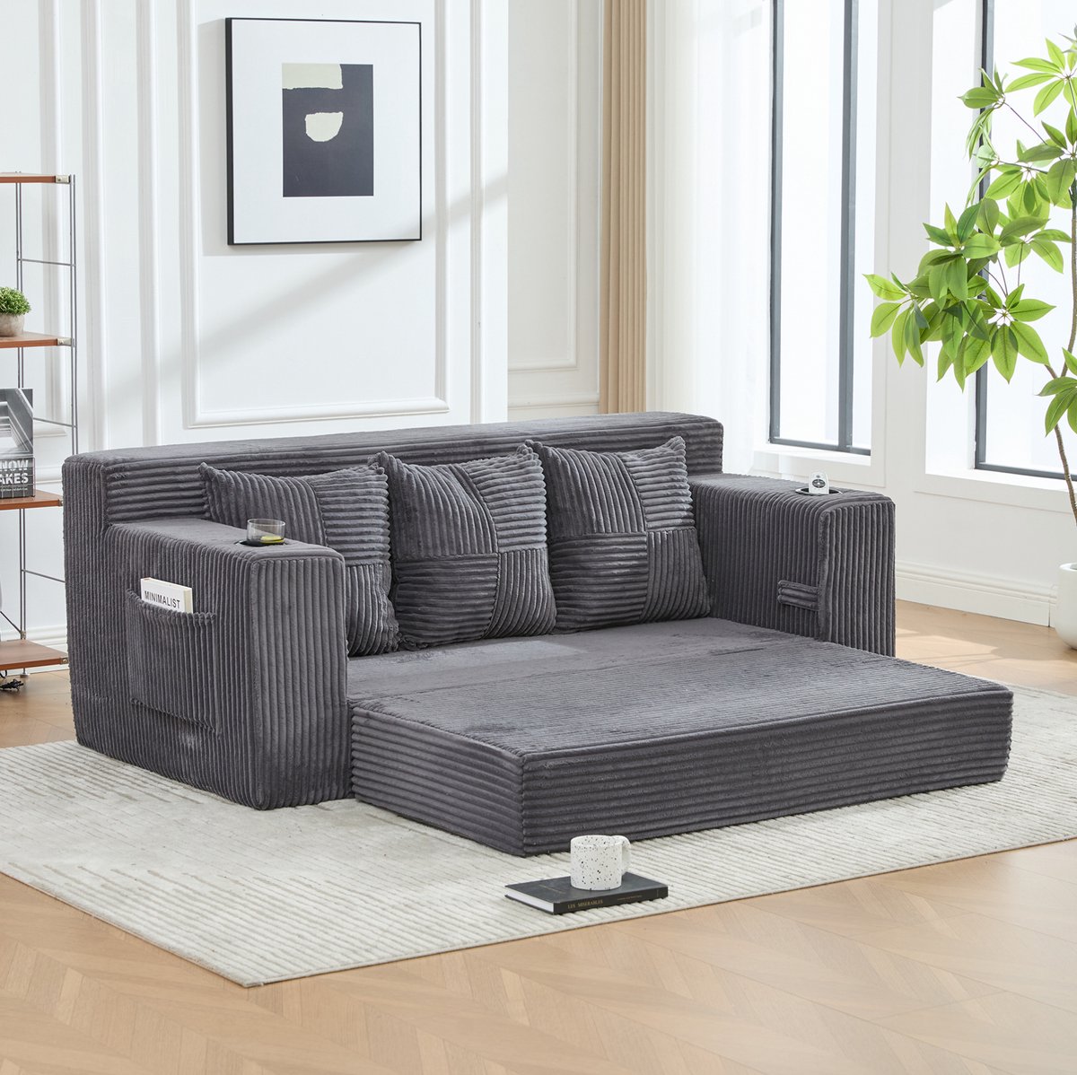 MODENUIT Slaapbank 172 x 87 x 64 cm - Modulair Met Bekerhouders En Zijvakken - Woonkamer - Ribfluweel Grijs