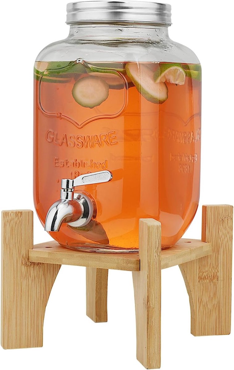 Glazen drankdispenser van 4 liter met stevige roestvrijstalen kraan en bamboe standaard, ideaal voor feesten en evenementen, houdt dranken warm tot 45°C