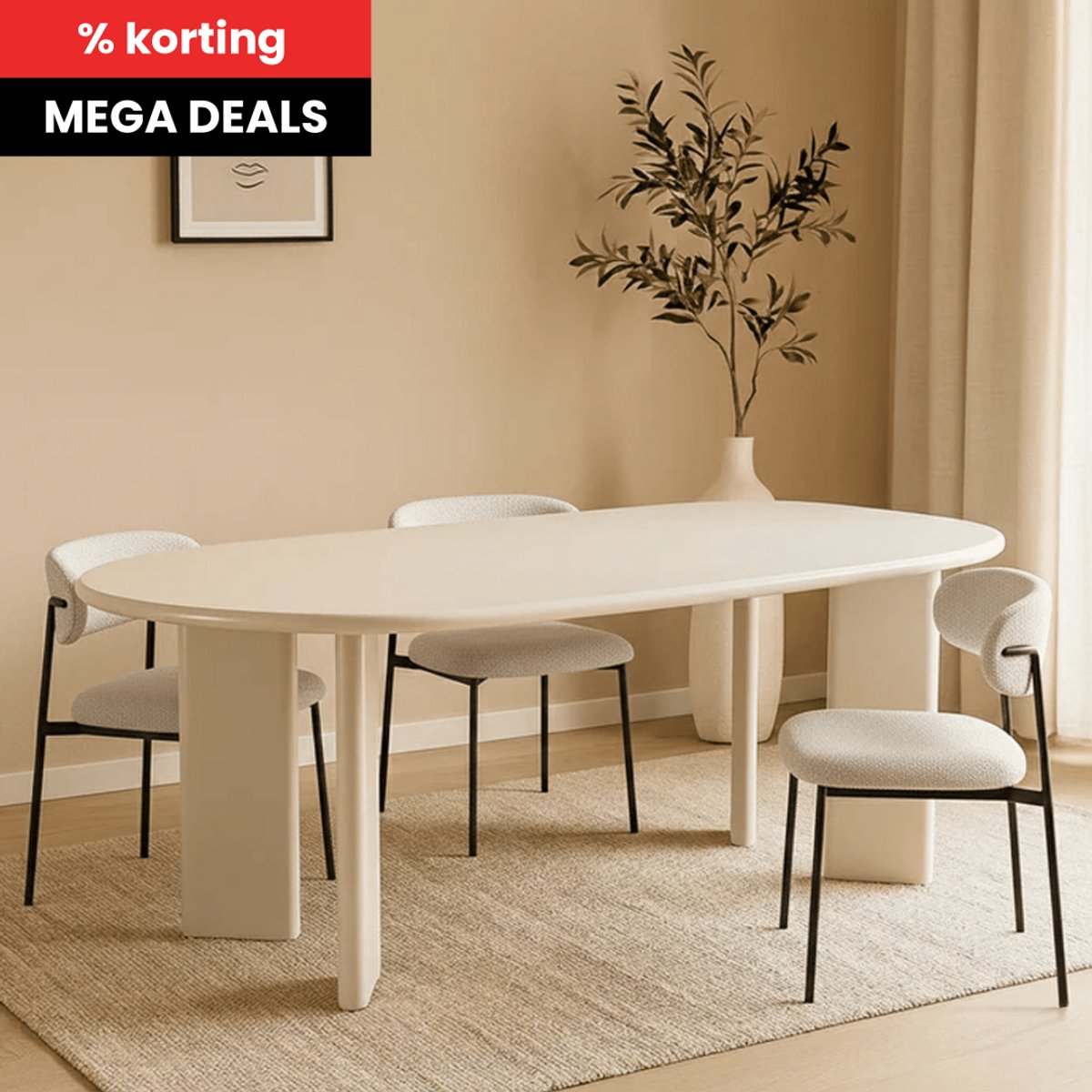 Eettafel Organisch Savannah Microcement Paneelpoot 210 cm Beige Mahom Industrieel - Dinertafel van Mangohout & Metaal - Industriële Eettafel