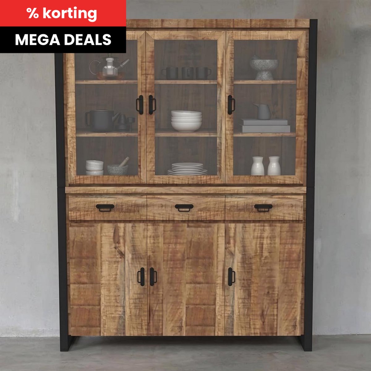 Mangohouten Buffetkast Britt 160 cm Mahom Industrieel - Vitrinekast van Mangohout & Metaal - Industriële Buffetkast