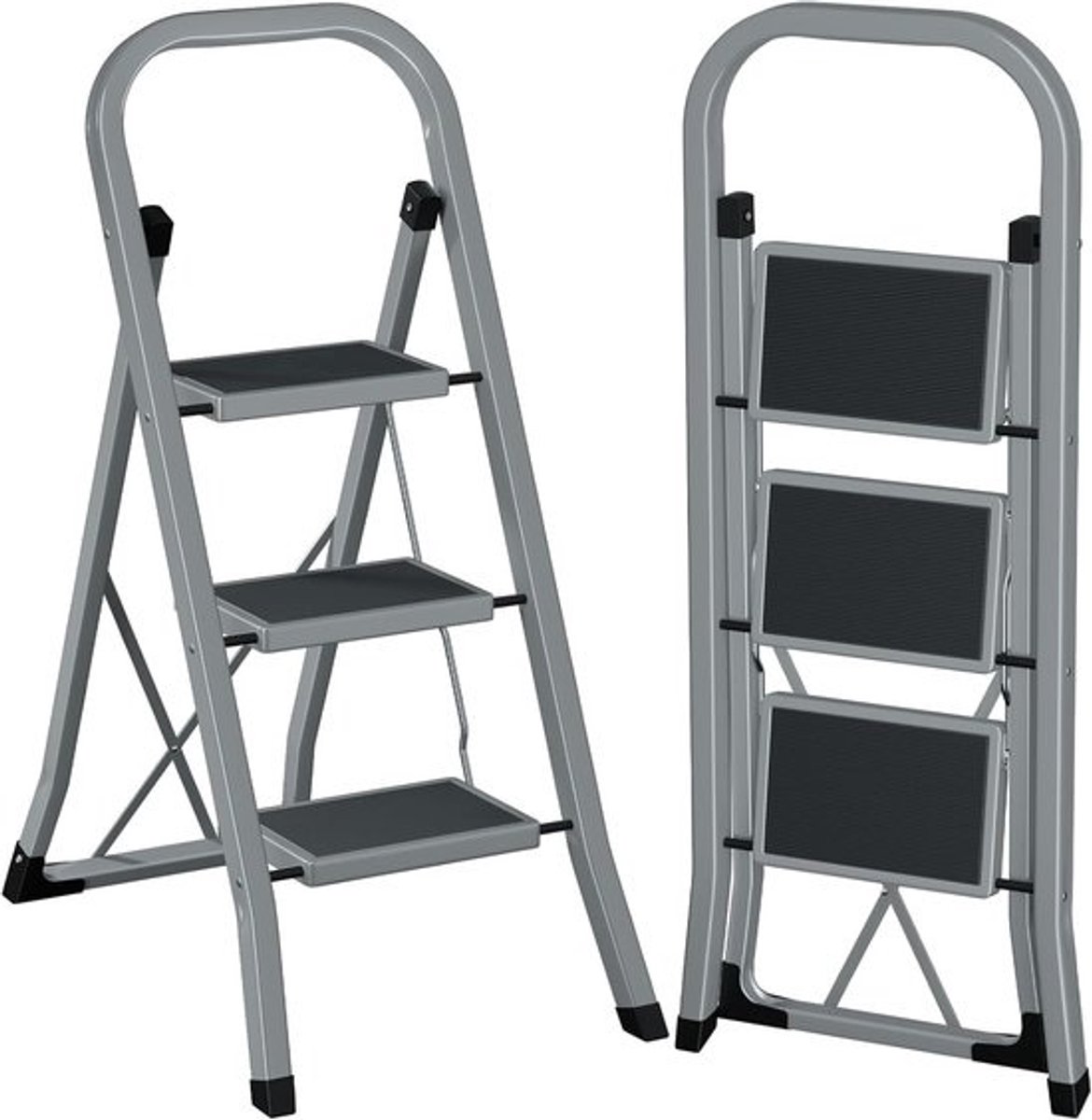 Trapladder met 3 Treden - Inklapbare Keukenladder tot 150 kg Draagvermogen - Antislip en Ruimtebesparend Ontwerp