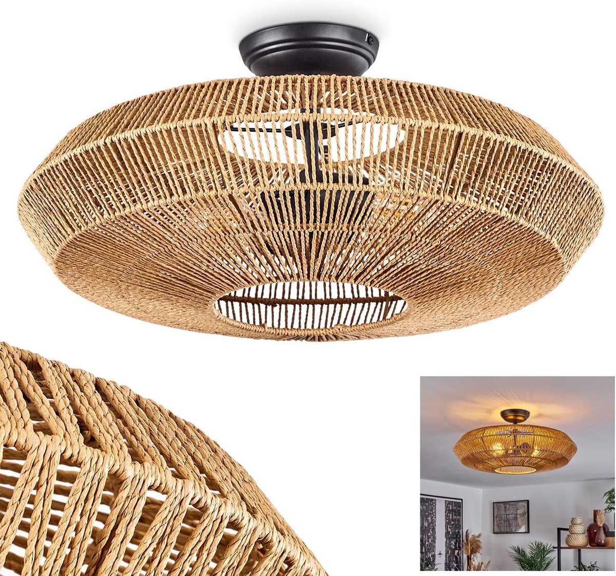 Plafondlamp Cassano, moderne plafondlamp van metaal/rattan in zwart/natuur, lamp in modern design met lichteffect, ø51,5 cm, 1-lamp, 1 x E27, zonder gloeilamp