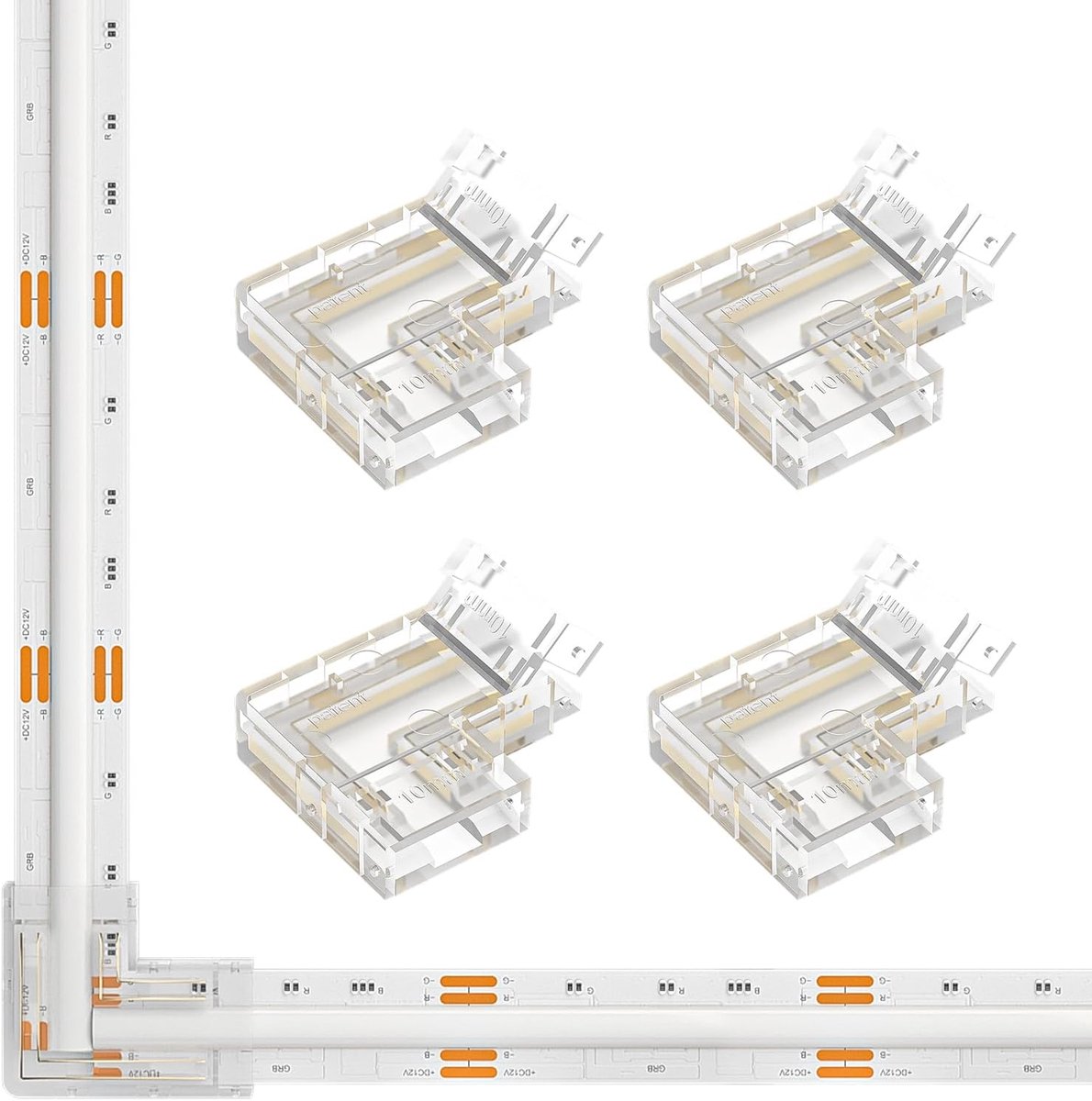 Gapless L-vormige Verbindingskit 4 stuks L-vormige Hoekverbindingen Transparant Onbedrade Connector Geschikt voor 4 PIN 10mm COB RGB LED Strips Soldeervrije en Terminal