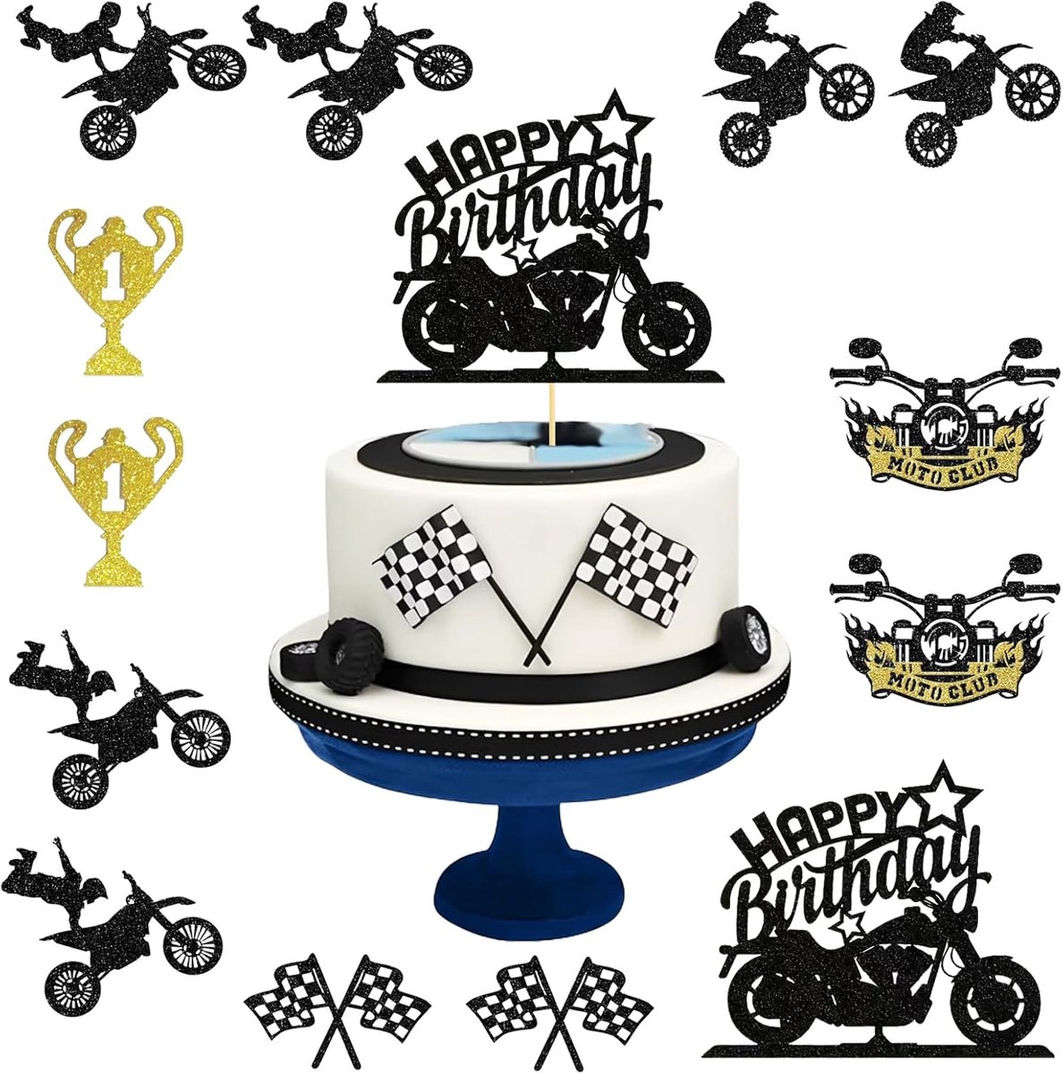 13 Stuks Racemotor Taarttoppers, Motor Taartdecoratie, Inclusief 1 Motor "Happy Birthday" Decoratie + 12 Cupcake Toppers en Stokken, Zwart