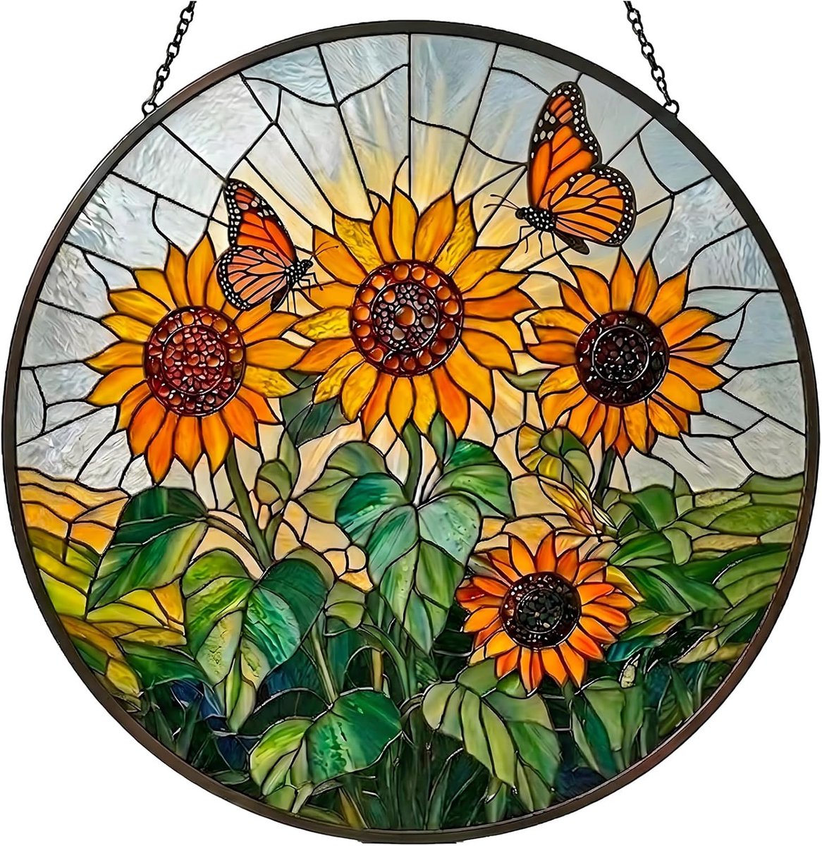 Zonnebloem Glas-in-loodraam, hangende zonnevanger, rond bloemenpaneel met vlinder, kleurrijk raamdecoratie voor huis, tuin, serre muur, natuurliefhebber cadeau voor mama oma
