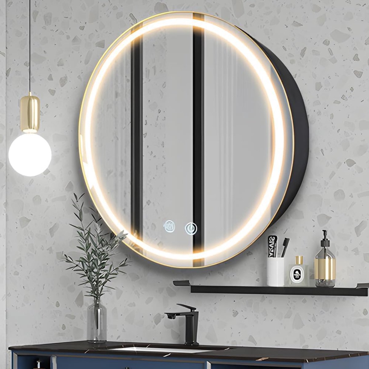 61 cm ronde medicijnkast met verlichting, led-medicijnkast met ontnevelaar, verlichte spiegelkast voor badkamer, dimbaar, condensvrij, 3000 K-6500 K kleurtemperatuur