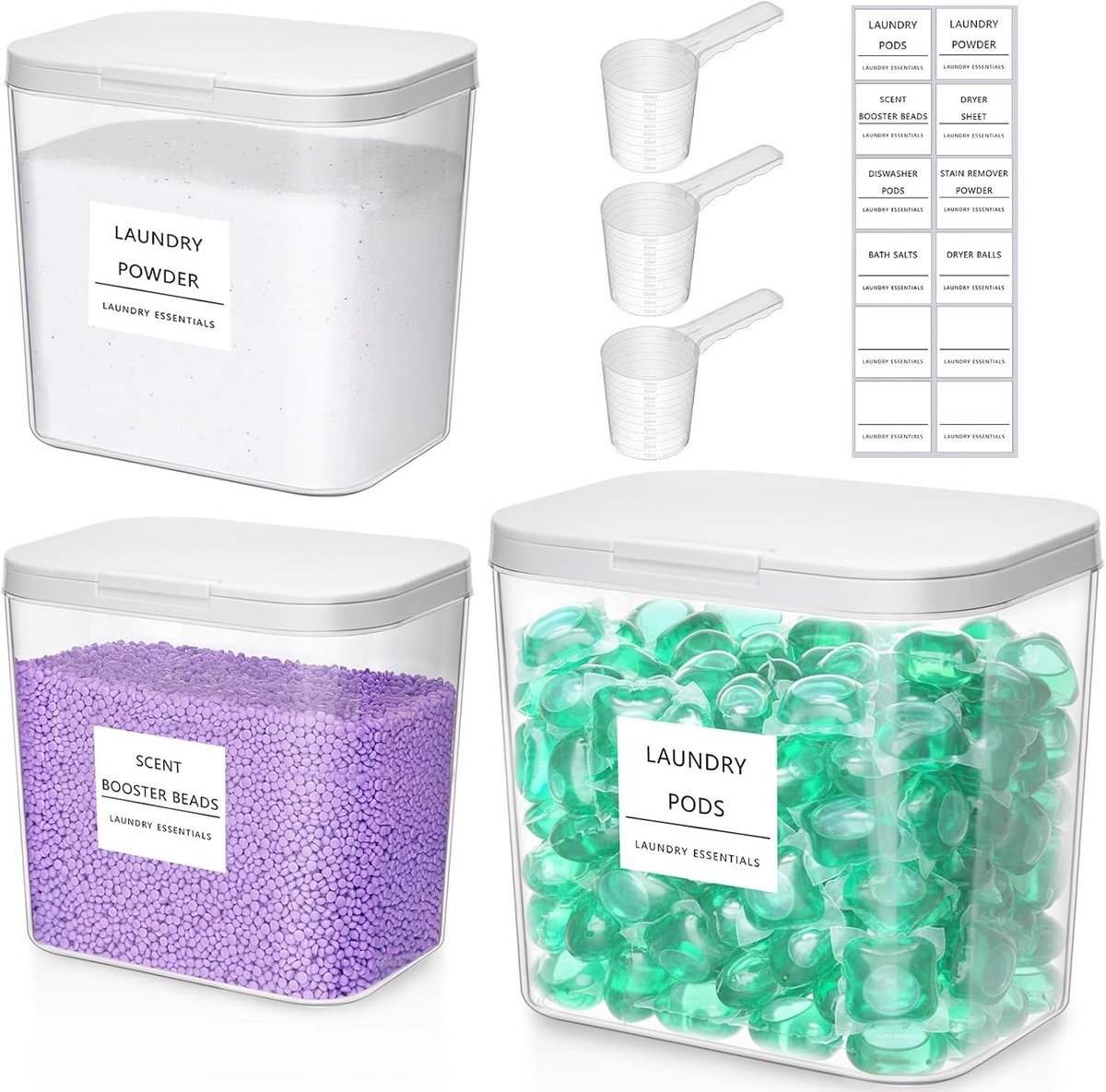 2700 x2+4500 ml/0,72x2+1,2gal wasmiddelopslag voor wasmiddelpods met druksluiting, waspoederopslagdoos met etiket en lepel, wasmiddelbox voor poeder geurversterker, 3 stuks