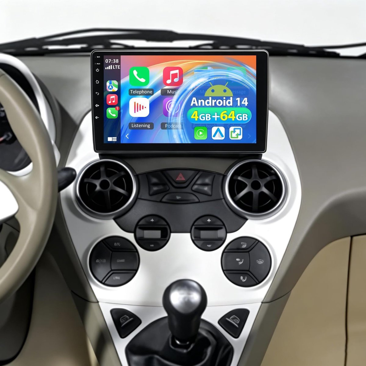 14 4GB+64GB autoradio voor Ford Ka 2008-2014 9 inch navigatiesysteem voor auto, dubbel-DIN radio, Bluetooth met draadloze CarPlay, Android Auto, GPS-navigatie, FM/RDS, SWC, DSP