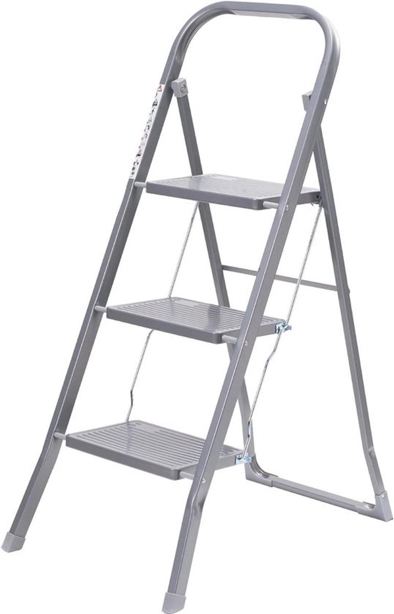 Staaltrapladder met 3 loopvlakken - antislip - voor binnengebruik - 150 kg maximaal gewicht - grijs telescopische ladder