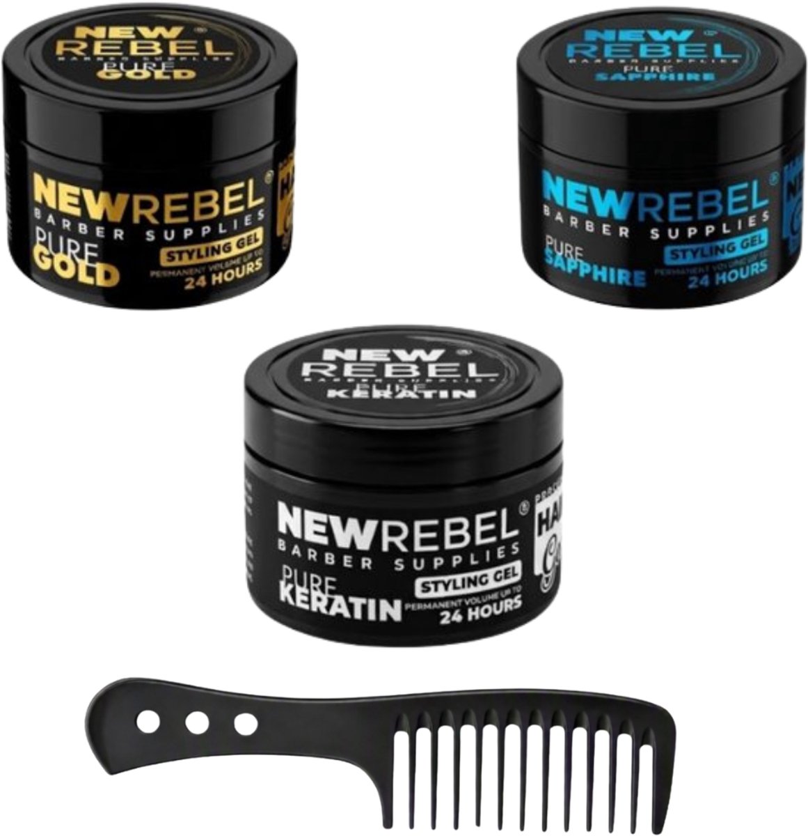 NewRebel Haar Styling Gel Set – 3x per potje gel 450 ml totaal (1350) + 1 Styling kam – Gold, Sapphire & Keratin – 24H Sterke Hold