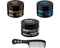 NewRebel Haar Styling Gel Set – 3x per potje gel 450 ml totaal (1350) + 1 Styling kam – Gold, Sapphire & Keratin – 24H Sterke Hold
