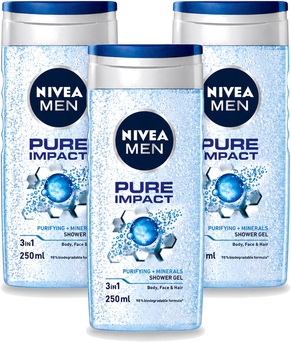 3 x Nivea Men – Douchegel – Pure Impact – 250 ml - Voordeelverpakking - 3 stuks
