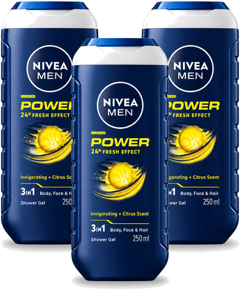 3 x Nivea - Men - Douchegel - Power Refresh - 250 ml - Voordeelverpakking - 3 stuks