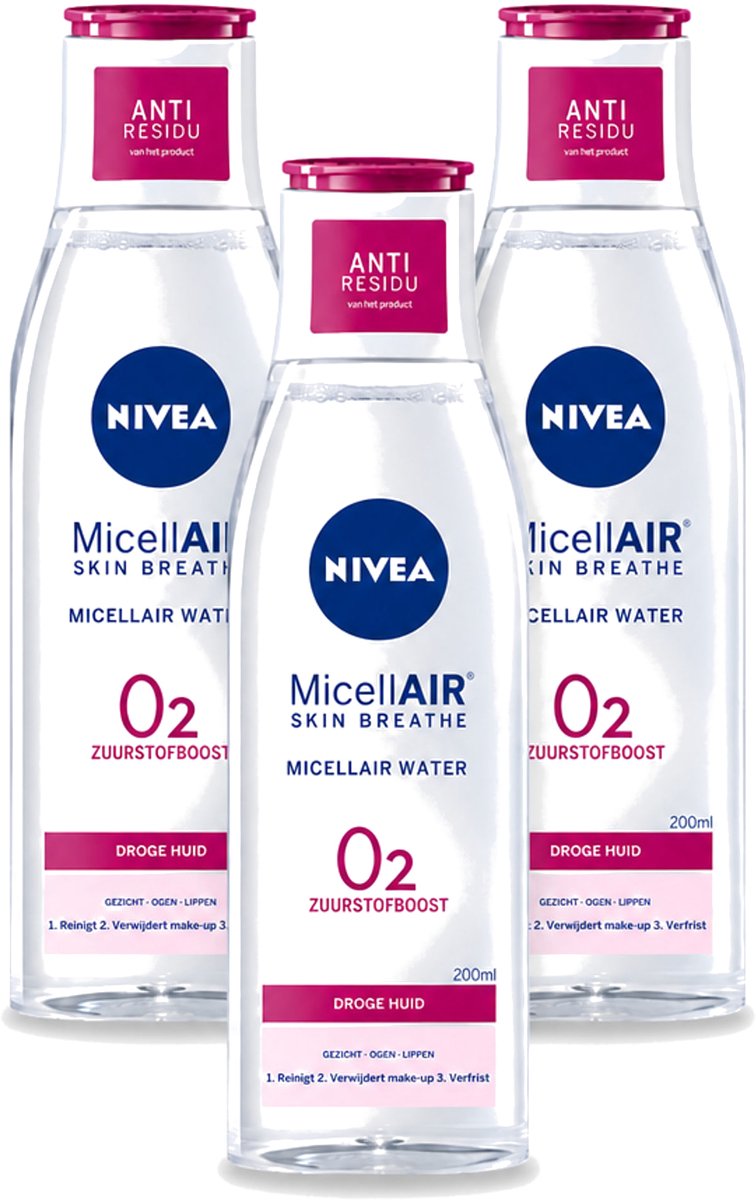 3 x Nivea - O2 Zuurstofboost Micellair Water - Droge Huid - 200 ml - Bulkverpakking - 3 stuks