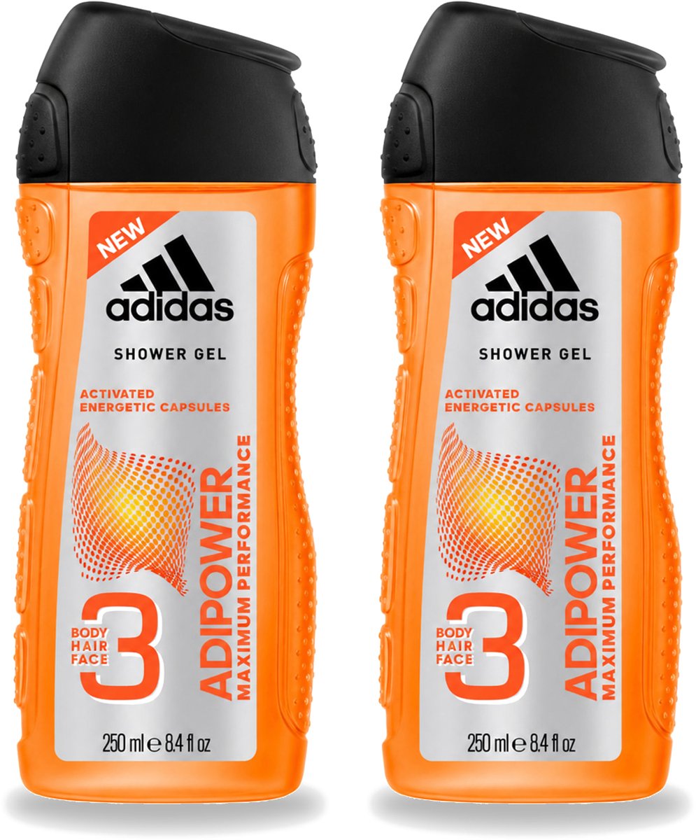 2 x Adidas - 3-in-1 Douchegel - Adipower Maximum Performance -250 ml - Voordeelverpakking - 2 stuks