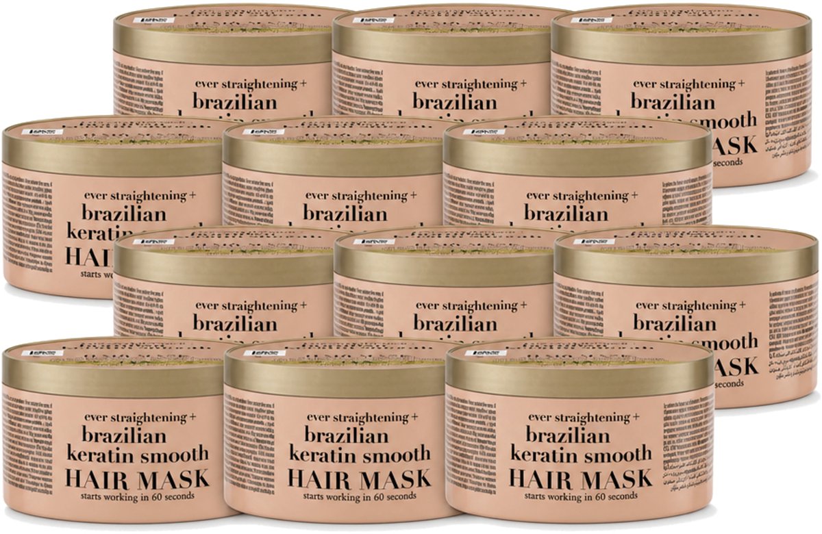 12 x OGX - Brazilian Keratin Smooth - Haarmasker - Herstel & Glans - Voor Zijdezacht Haar - 300 ml - Voordeelverpakking - 12 stuks