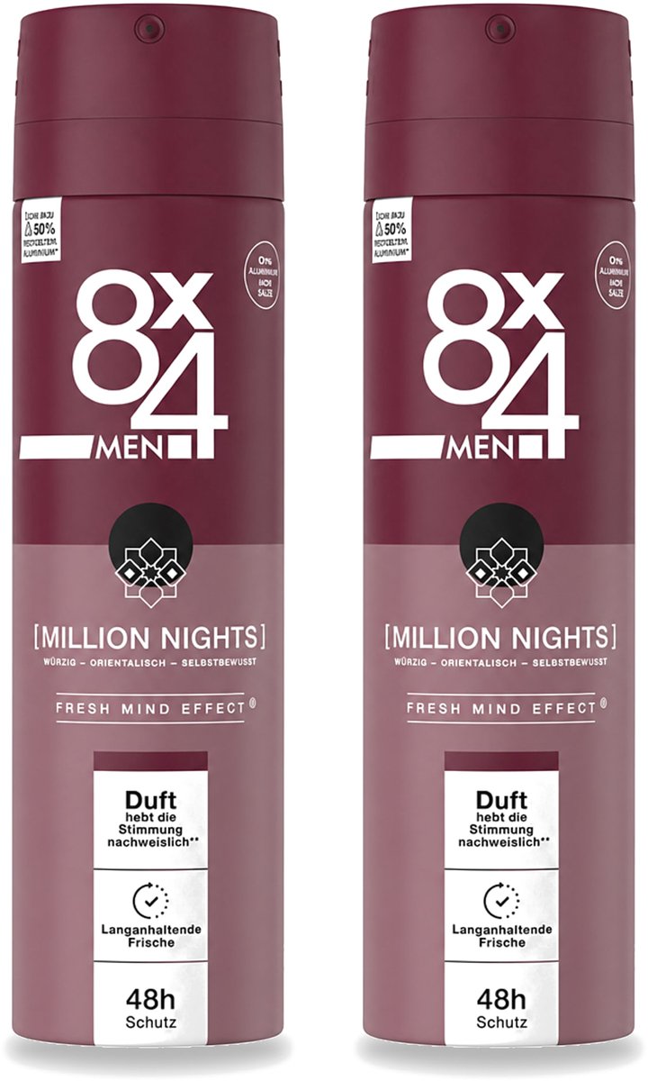2 x 8 x 4 Deospray Men - No.18 Millions Nights - Deodorant - Voor Heren - 150 ml - Voordeelverpakking - 2 stuks