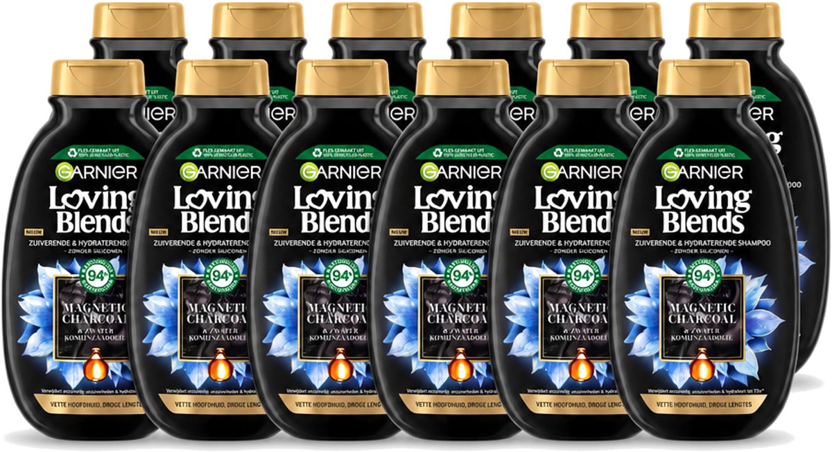 12 x Garnier - Loving Blends - Shampoo - Magnetic Charcoal - Vette Hoofdhuid & Droge Lengtes - 300 ml - Voordeelverpakking - 12 stuks