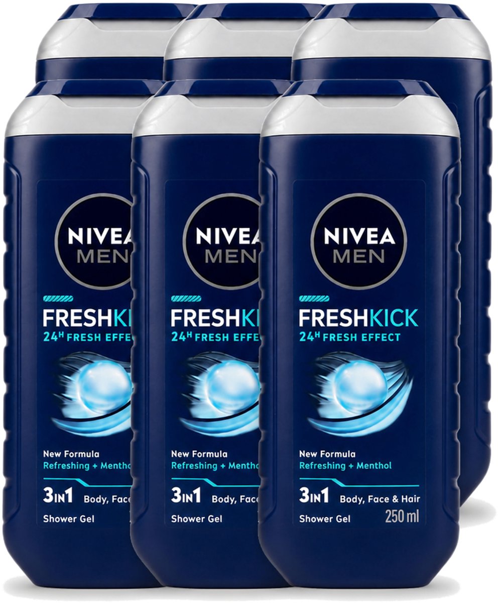 6 x Nivea Men – Douchegel – Fresh Kick – 250 ml - Voordeelverpakking - 6 stuks