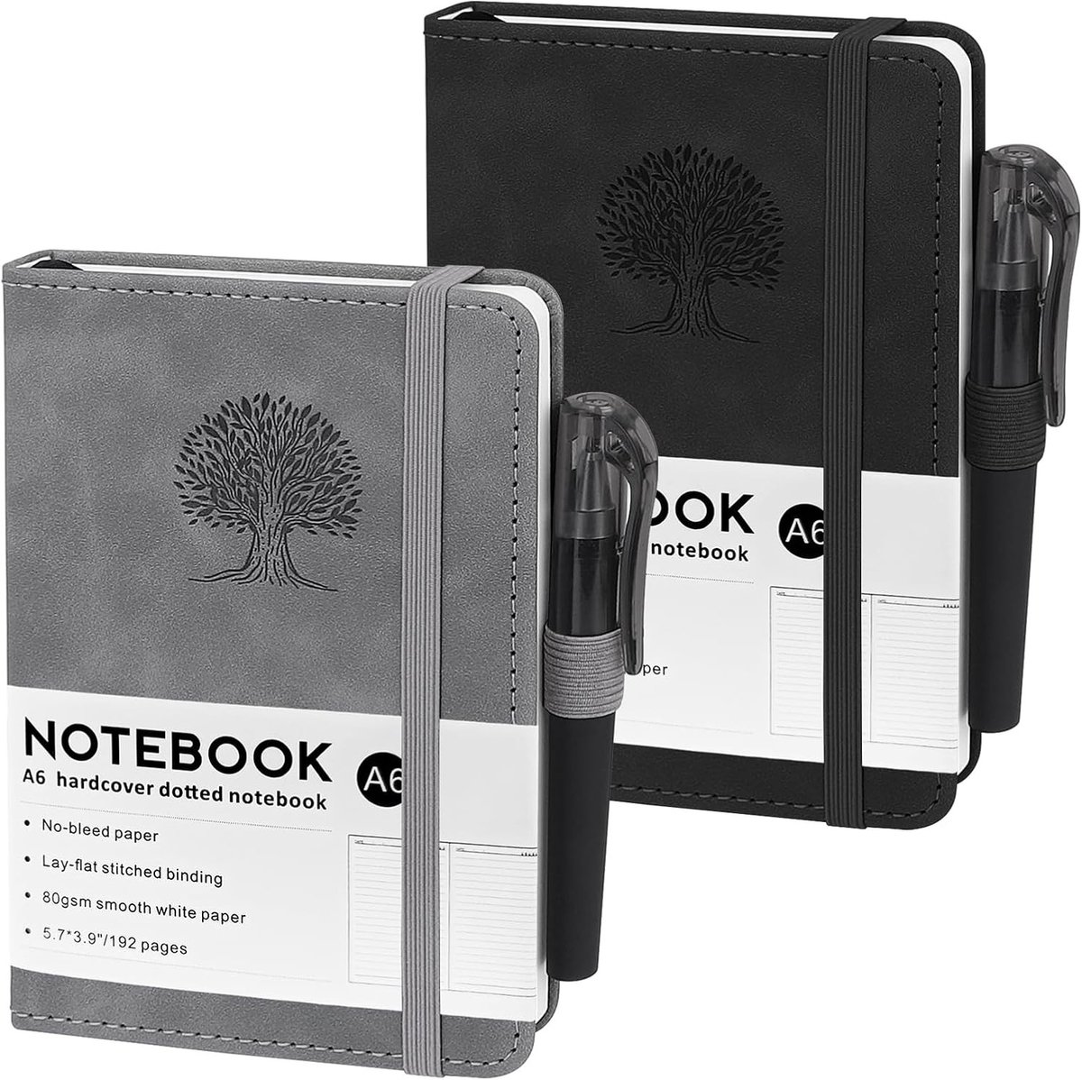 Set van 2 A6 Notebooks met 80gsm Papier, 192 Bladzijden, Elastische Band en PU Leren Pocket Notities voor School, Werk en Vergaderingen