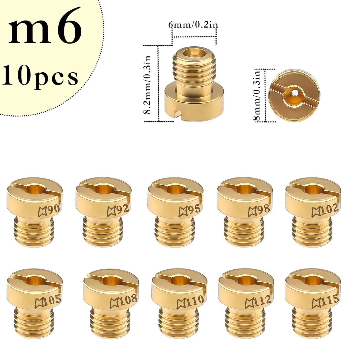 Sproeiers, M6, hoofdsproeierset, (90-115), 90, 92, 95, 98, 102, 105, 108, 110, 112, 115, gassproeiers voor gasgrill, scooter, motorfiets, schakelbromfiets