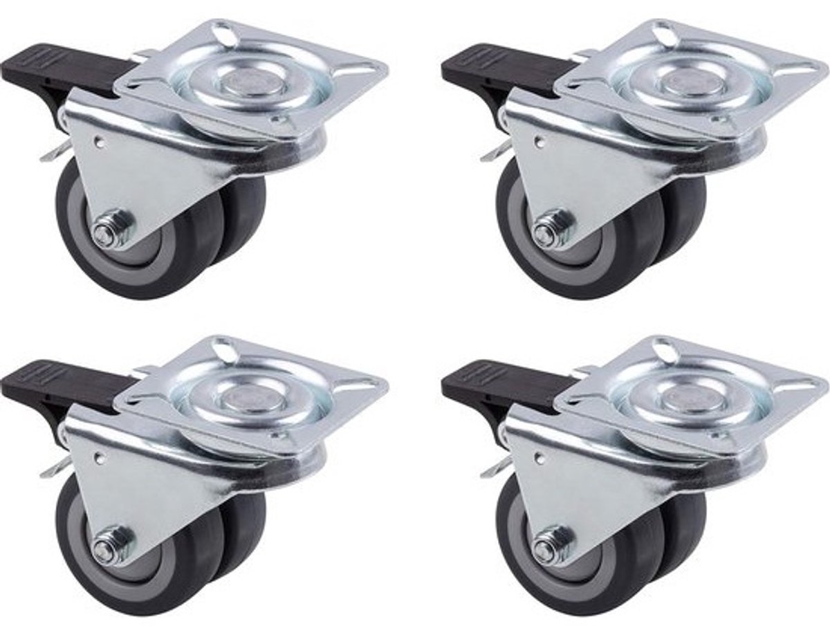 Dubbele wielen 50 mm - 4 stuks - TPR wielen - 70 kg draagkracht - zware voorwerpen - strandstoelwielen - meubelwielen - grijs