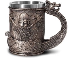 Viking Krijger Bier Mok Stein RVS Liner - Noorse Draon Drakkar Nordic Drink Cup Tankard voor Collectible Gift 550ML