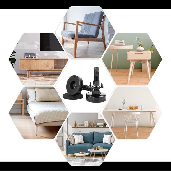 Poten, set van 8, M10 x 55 mm, verstelbare roestvrijstalen schroefpoten met inslagmoeren en vilt, voor kasten, banken, tafels, stoelen met houten poten, zwart — afbeelding 5