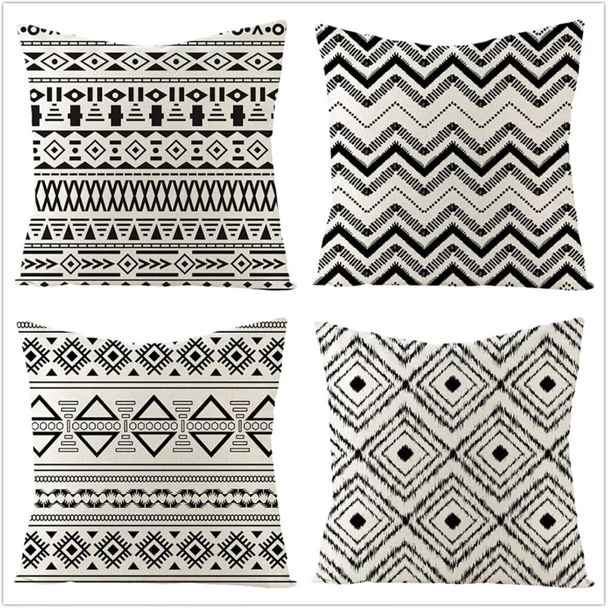 4 stuks, 65 x 65 cm, zwart en wit geometrie, tuinkussens, velours, zachte kussenhoes voor buiten, met onzichtbare rits, voor bank, stoel, woonkamer, set van 4