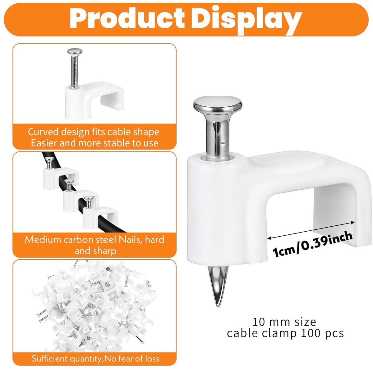 100 Stuks Witte Wandclips 10mm met Stalen Spijkers voor Ethernetkabel, Kabelbeheer en Bevestiging