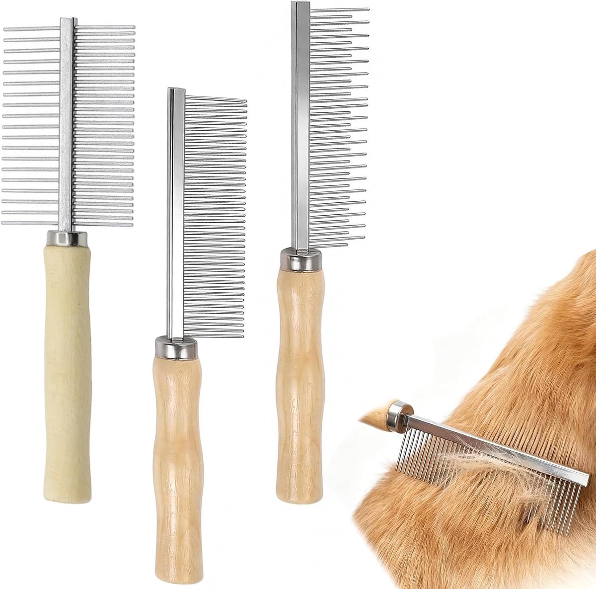 Kammen met houten handvat, enkele rij, dubbele rij en tanden verzorgingsborstels voor lang- en kortharige honden, katten en kleine dieren