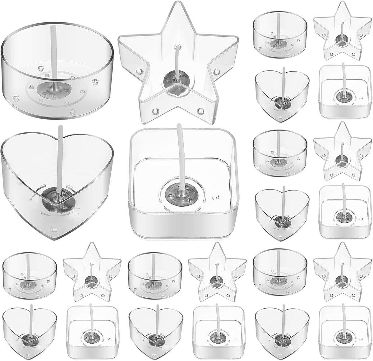 100 stuks transparante kunststof theelichthouders, met 40 stuks lonten, hart, vierkant, ronde theelichthouders, votiefhouder voor het maken van kaarsen