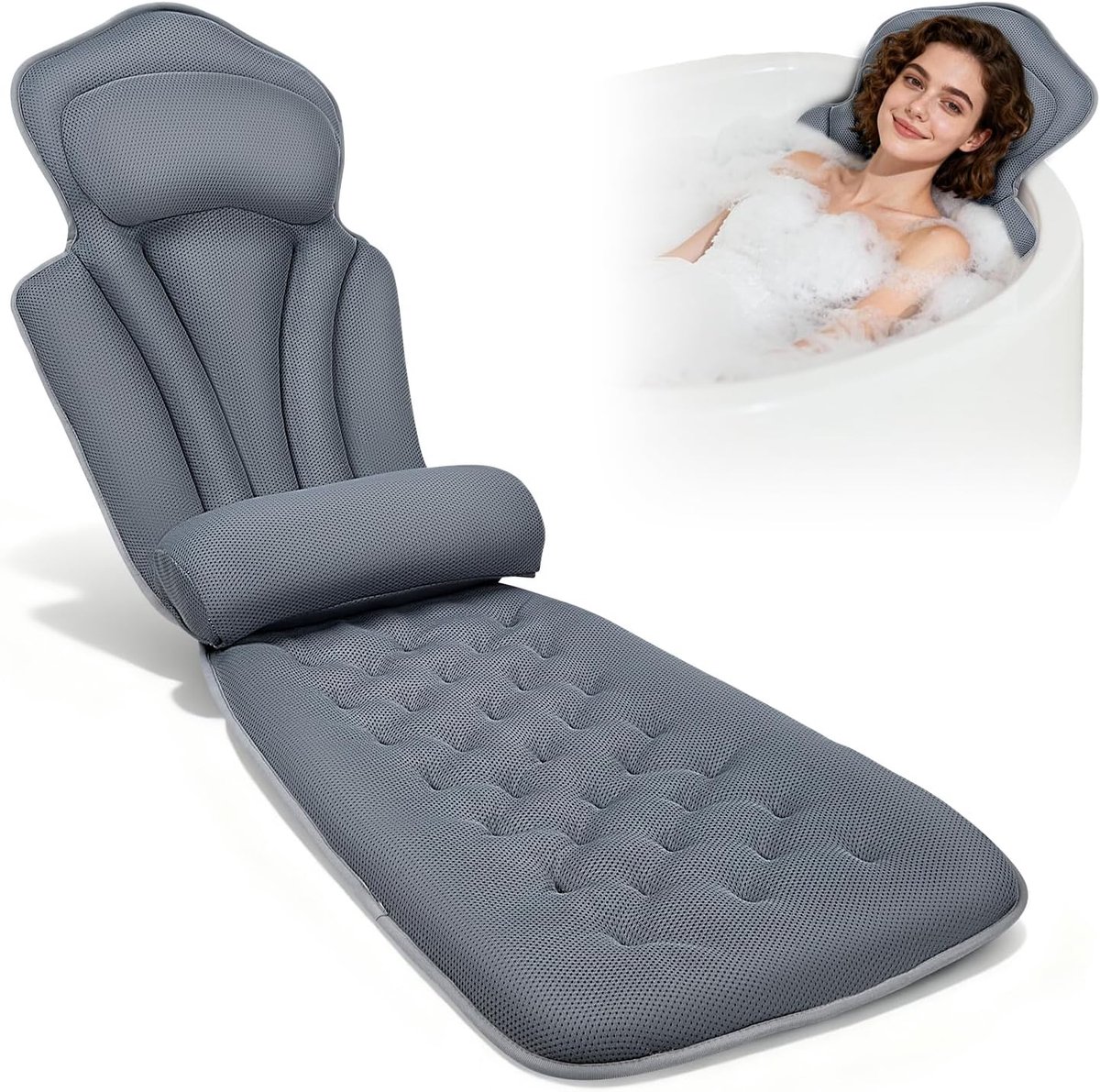 Badkussen met EXTRA lendenkussen · 144 zuignappen (12x meer grip!) · 4D zacht badkussen set met hoofdsteun & afneembaar extra kussen · 133x41 cm · incl. waszak (grijs)