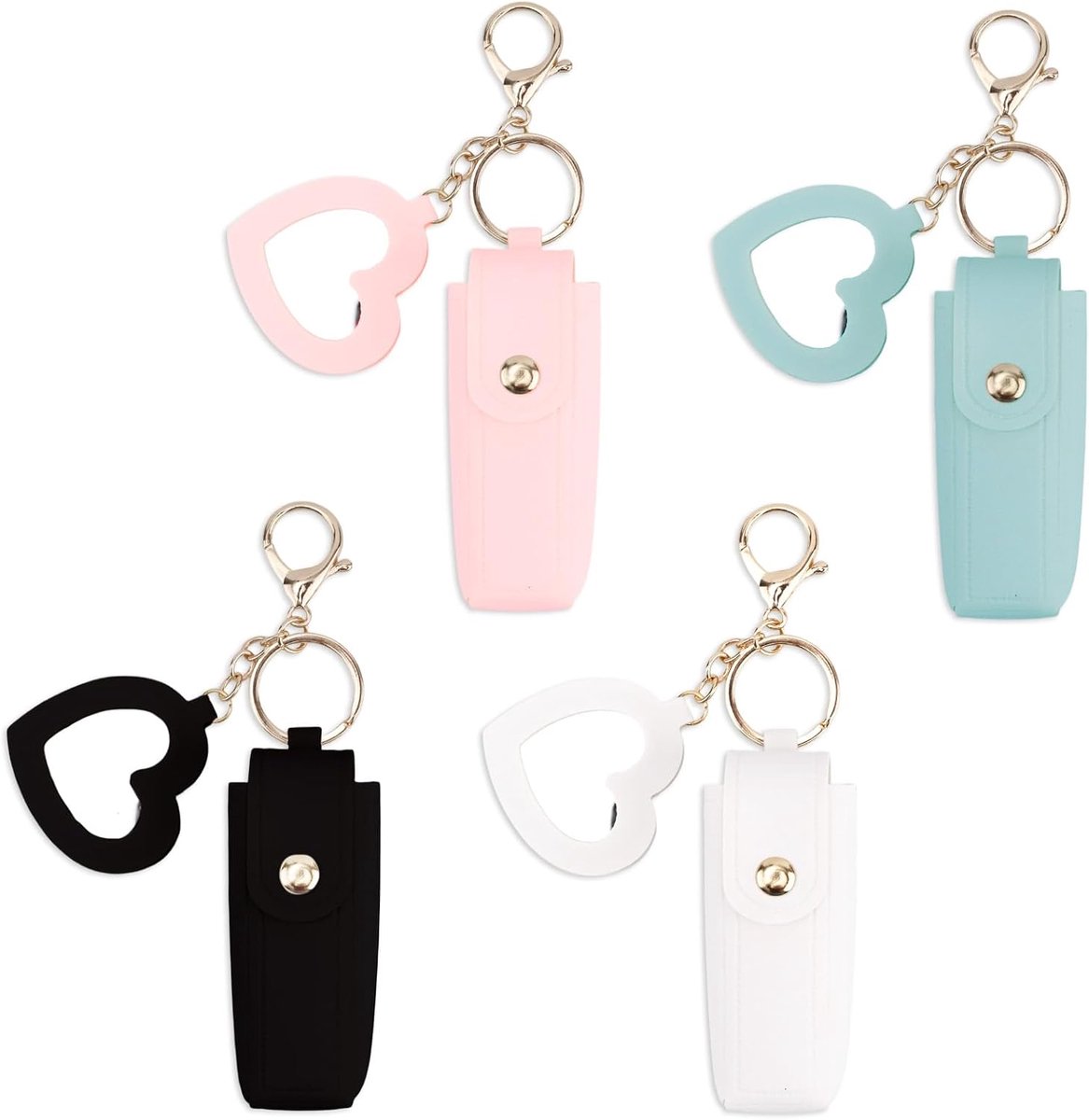 4 Stuks Lippenstifthouder Sleutelhangers, Draagbaar Lippenbalsemhouder Organizer met Spiegel Lippenbalsem Reisetui Lipgloss Etui voor Dames (Roze, Lichtgroen, Zwart, Wit)